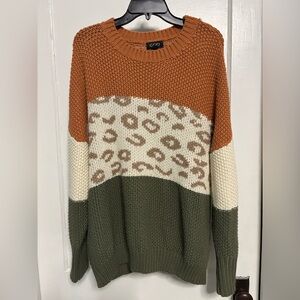 G&D Women's Leopard Print Colorblock Sweater - Orange, Cream, and Green